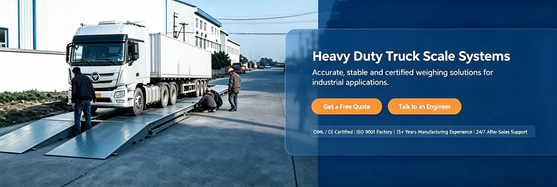 Heavy duty 100 ton truck scale weighing a semi-truck at an industrial factory site.
