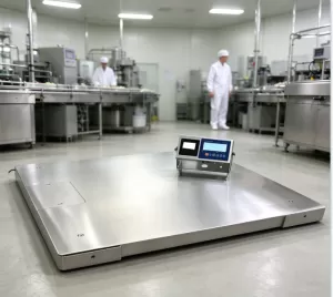 Industrial stainless steel floor scale working inside food processing factory wet production workshop